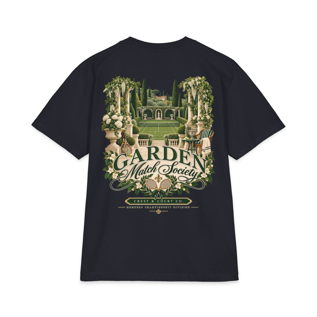 Crest & Court Garden Match Society heavyweight tee — product mockup 6