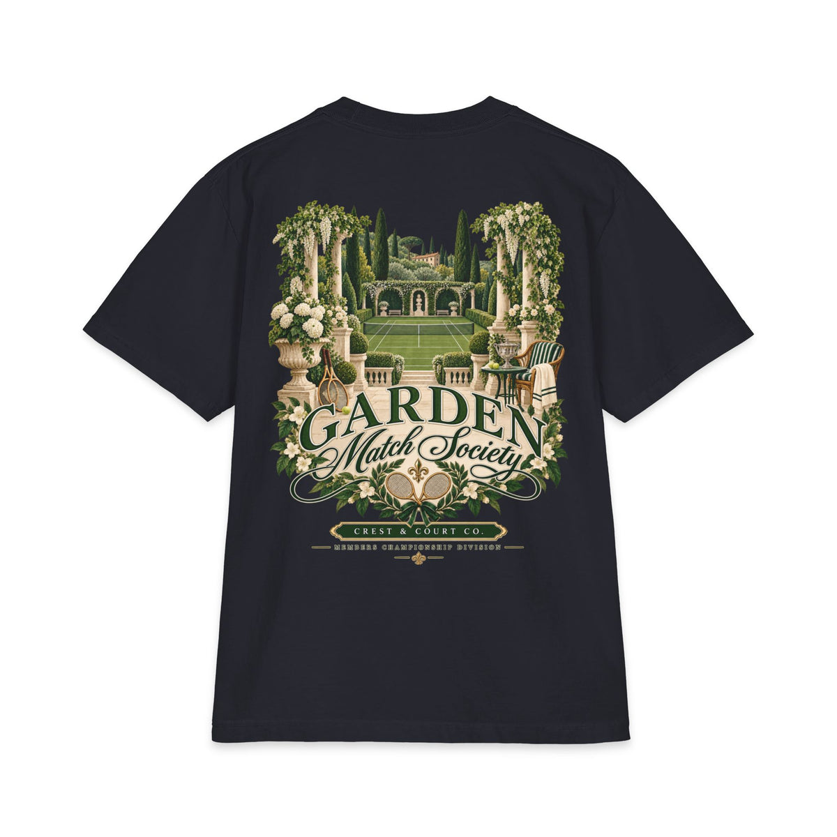 Crest & Court Garden Match Society heavyweight tee — product mockup 6