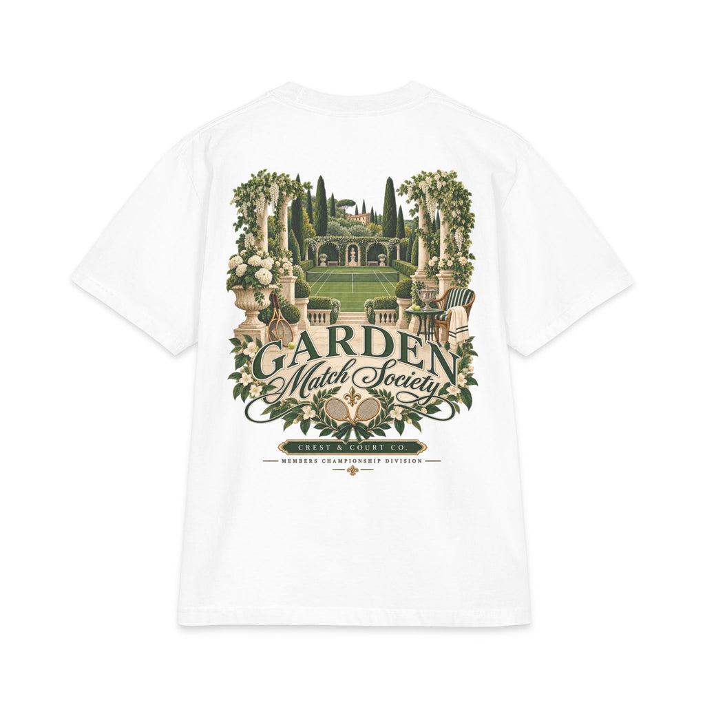 Crest & Court Garden Match Society heavyweight graphic T-shirt — featured original garden tennis design