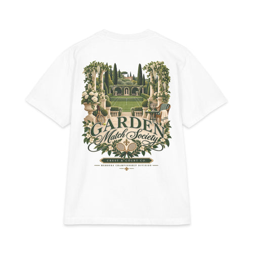 Crest & Court Garden Match Society heavyweight graphic T-shirt — featured original garden tennis design