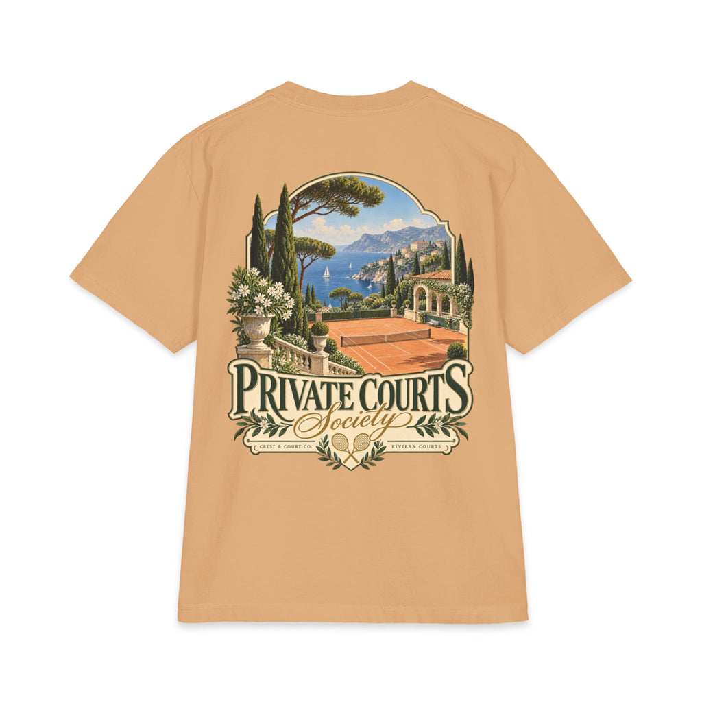 Crest & Court Private Courts Society heavyweight tee — product mockup 10