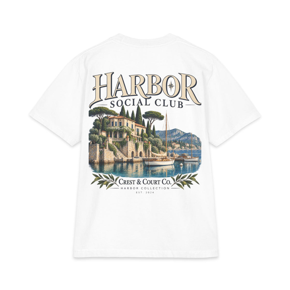 Crest & Court Harbor Social Club — original coastal-villa artwork, featured design image