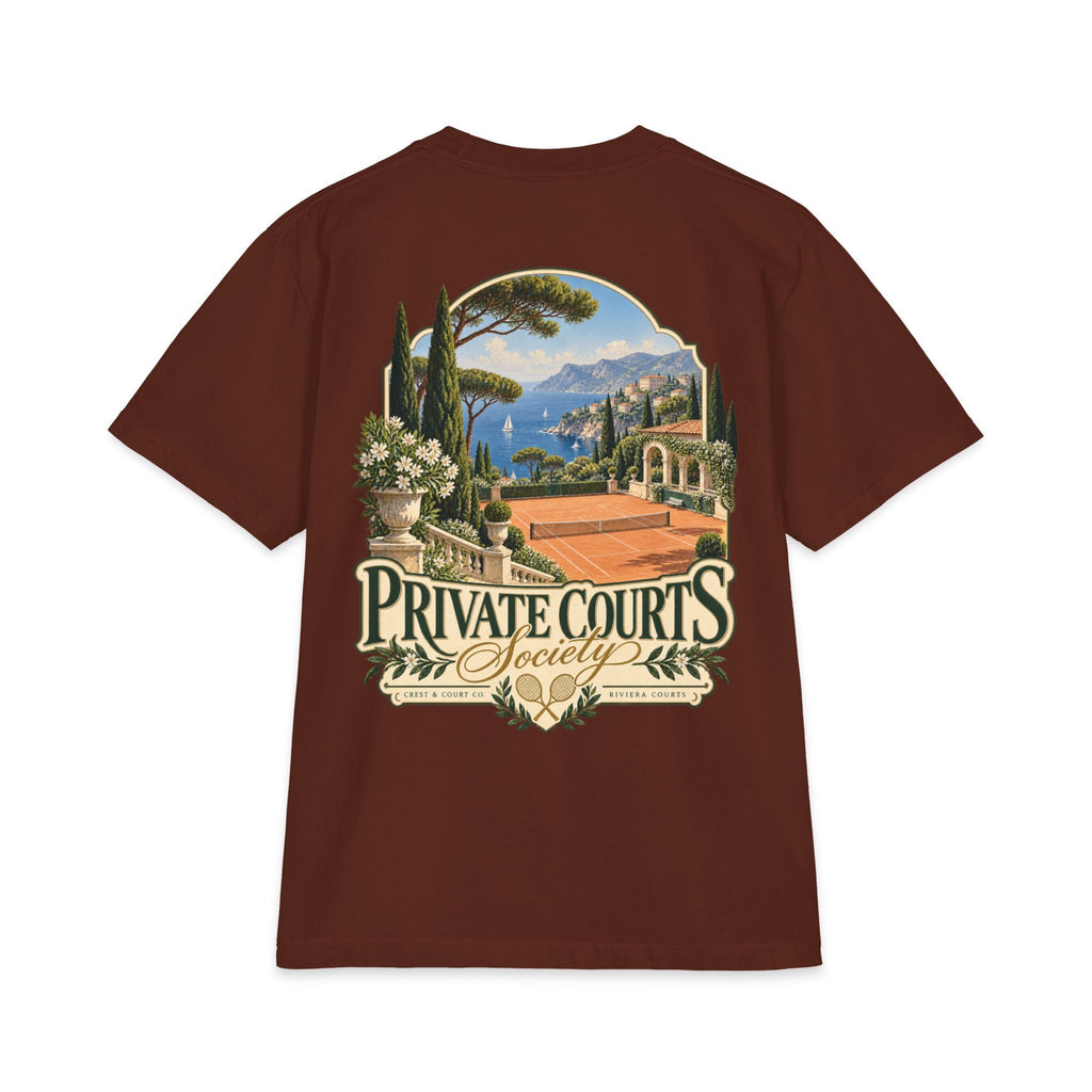 Crest & Court Private Courts Society heavyweight T-shirt with original vintage tennis club illustration back print