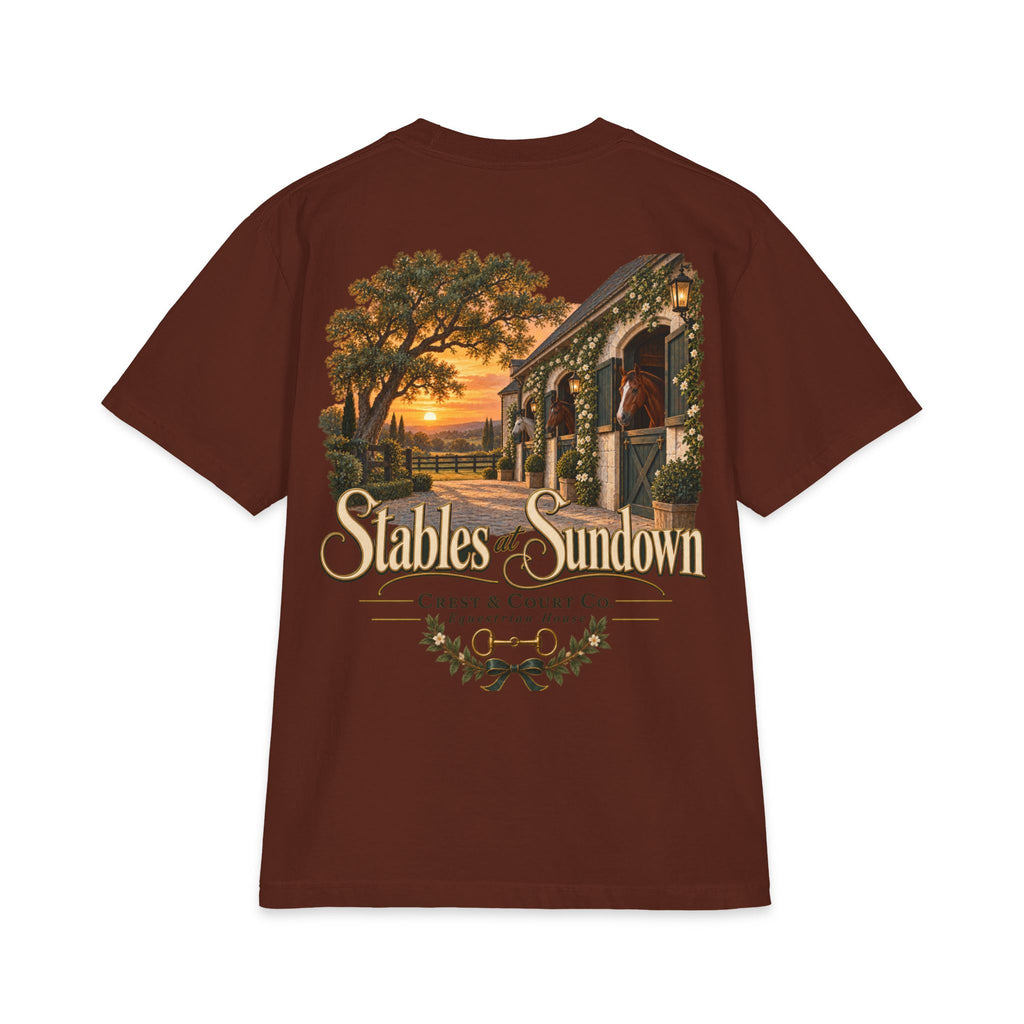 Crest & Court Stables at Sundown — original vintage country scene, featured design image