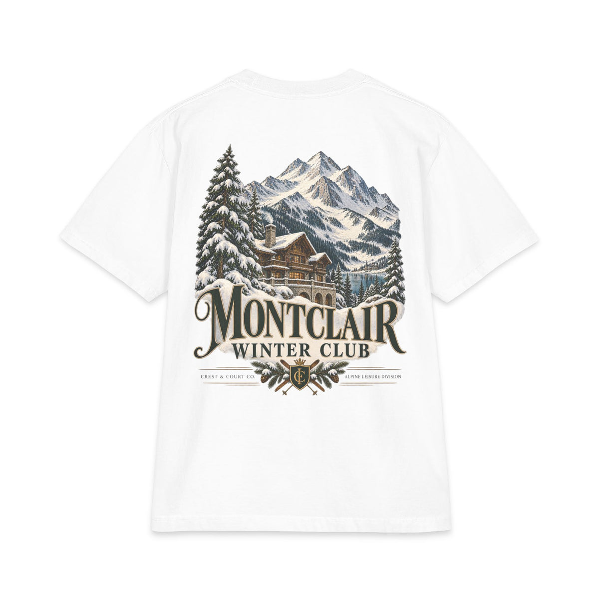 Crest & Court Montclair Winter Club — original alpine mountain-cabin artwork, featured design image