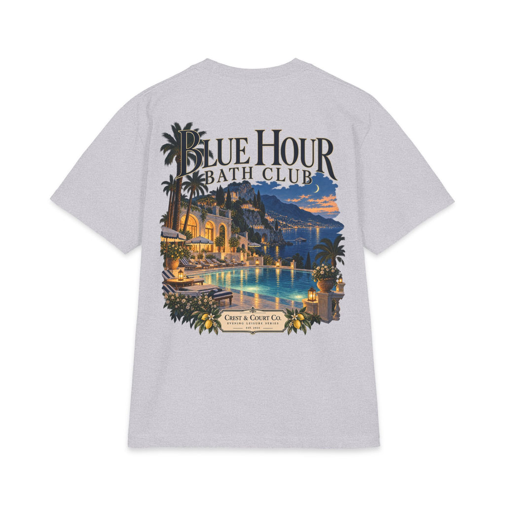 Crest & Court Blue Hour Bath Club heavyweight tee — product mockup 10