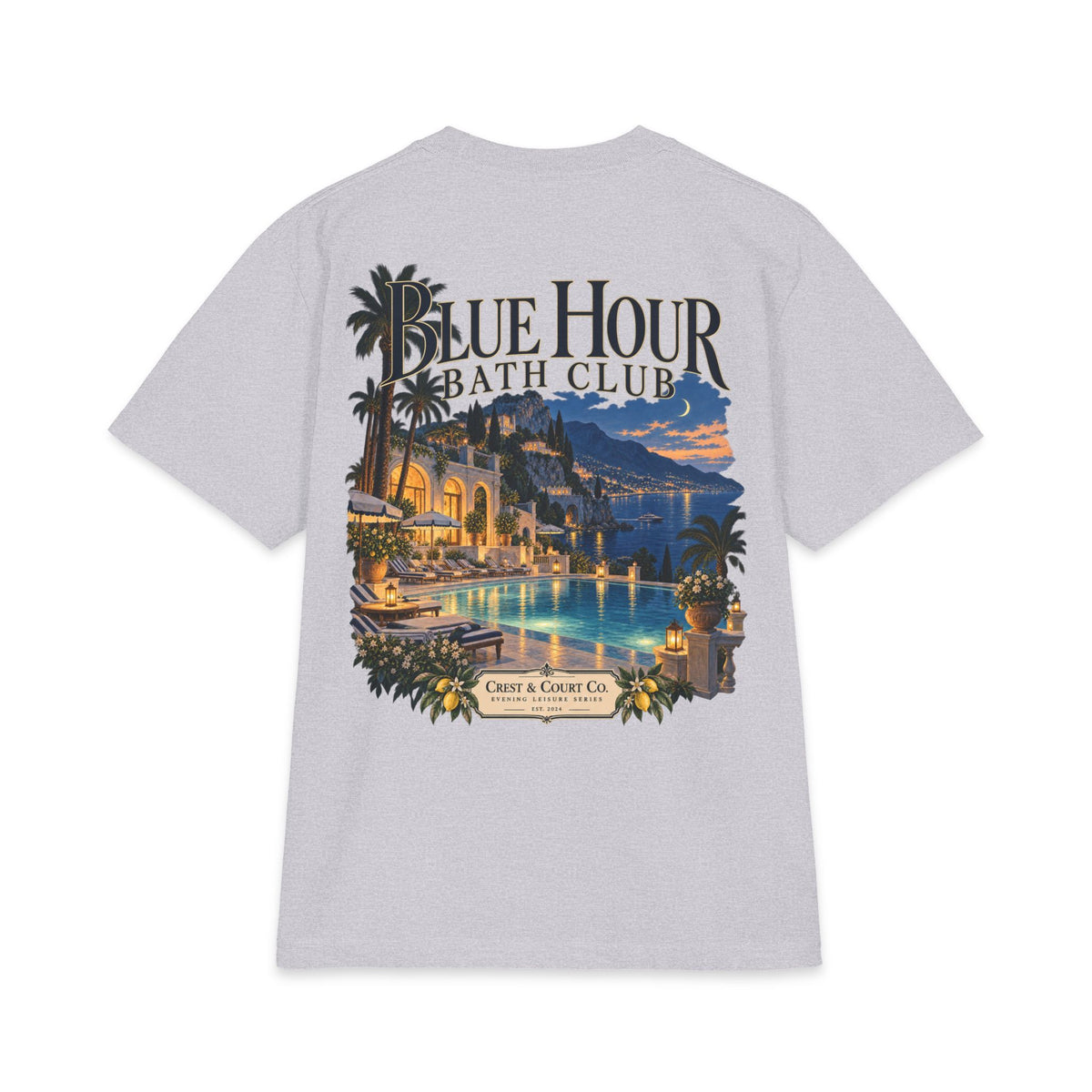 Crest & Court Blue Hour Bath Club heavyweight tee — product mockup 10