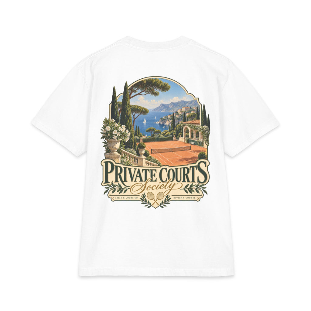 Crest & Court Private Courts Society heavyweight tee — product mockup 4