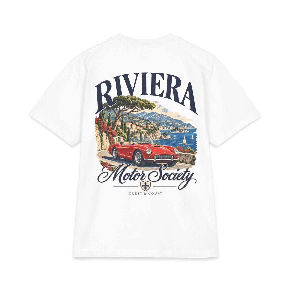 Crest & Court Riviera Motor Society heavyweight T-shirt with original classic touring car and coastline back print