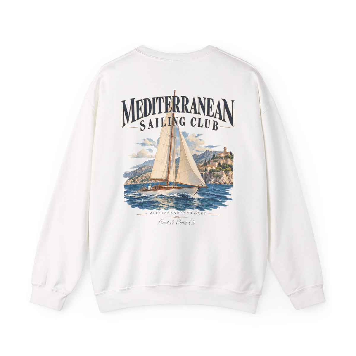 Crest & Court Mediterranean Sailing Club crewneck sweatshirt — original vintage sailing artwork, featured design image