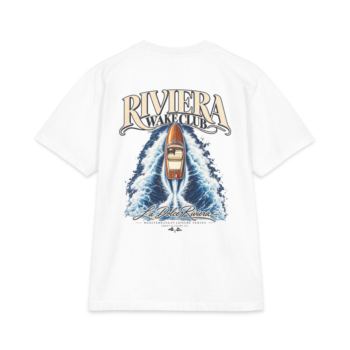 Crest & Court Riviera Wake Club heavyweight T-shirt with original vintage coastal wakeboarding back print