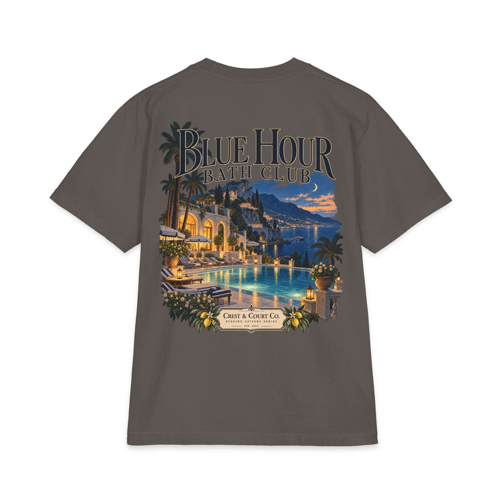 Crest & Court Blue Hour Bath Club heavyweight tee — product mockup 7