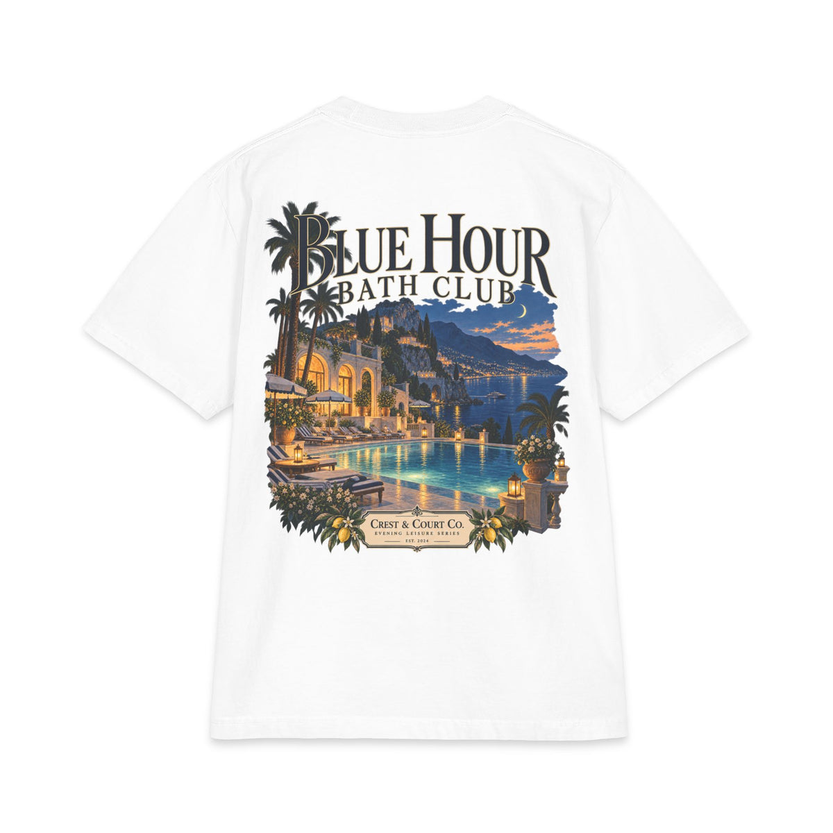 Crest & Court Blue Hour Bath Club heavyweight T-shirt with original Riviera bathing club illustration back print