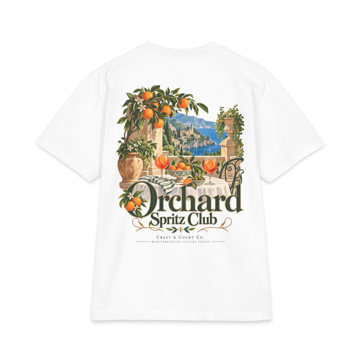 Crest & Court Orchard Spritz Club heavyweight graphic T-shirt — featured original summer leisure design