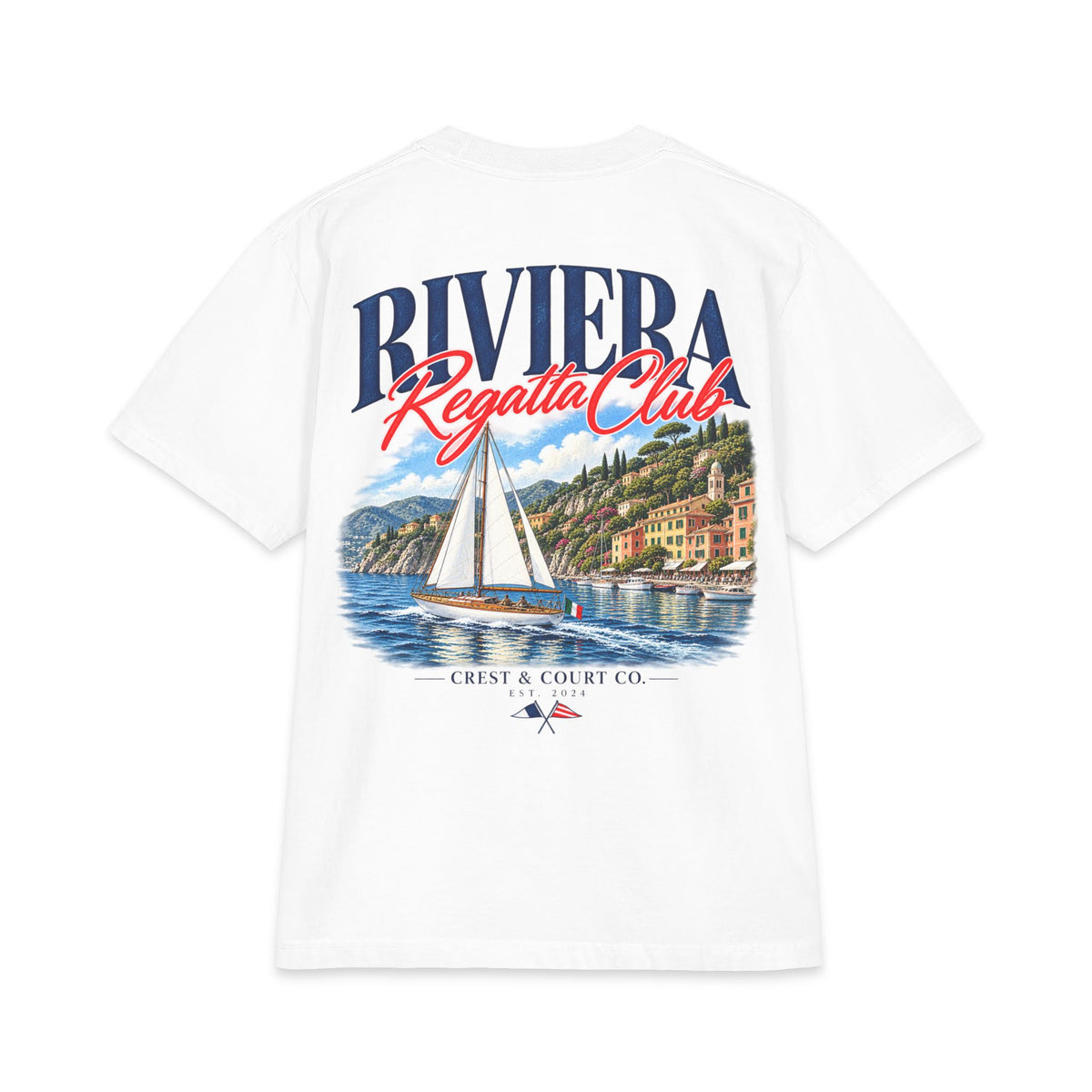 Crest & Court Riviera Regatta Club — original vintage sailboat artwork, featured design image