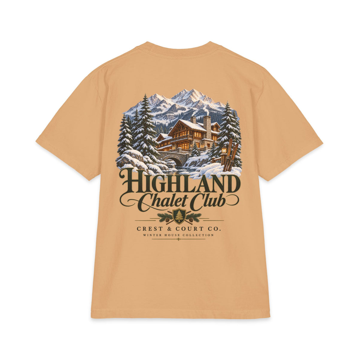 Crest & Court Highland Chalet Club heavyweight tee — product mockup 6